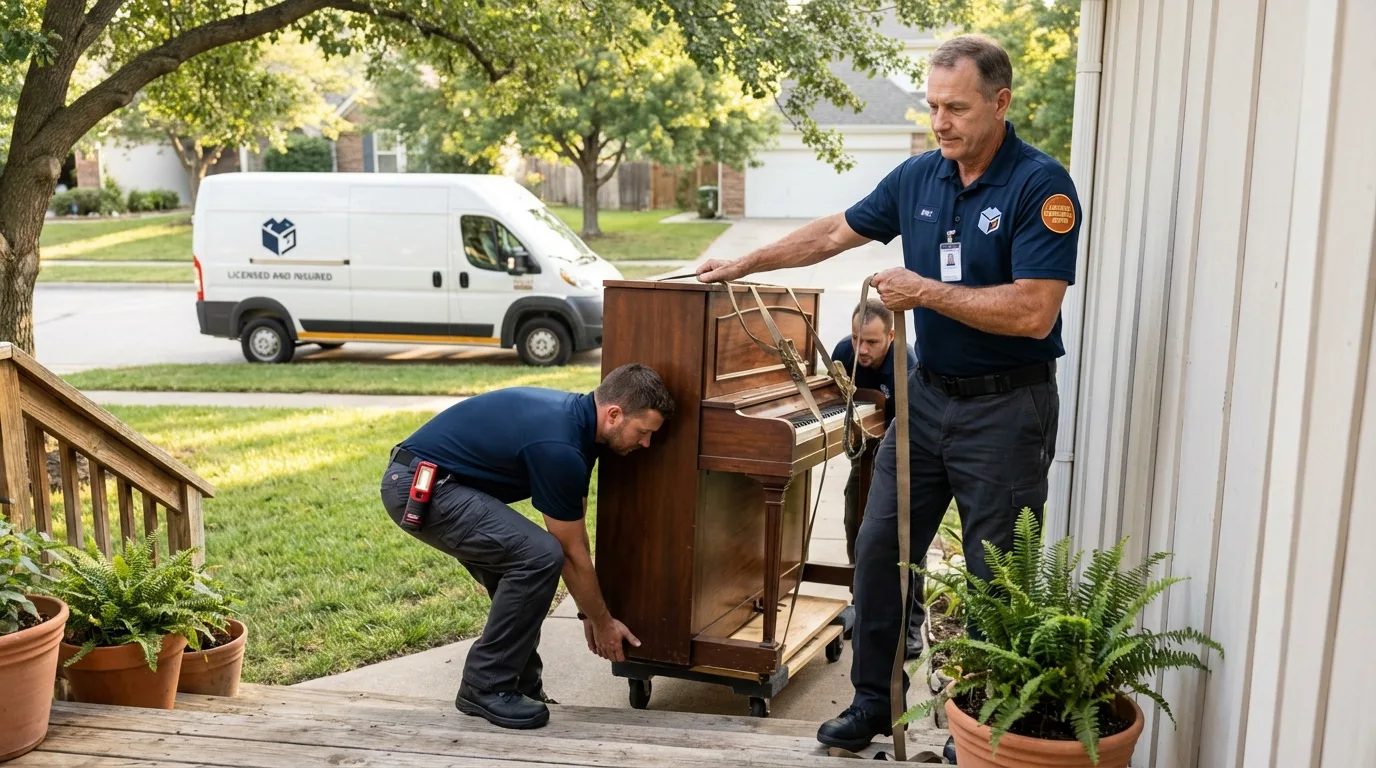 Licensed piano movers securing grand piano in Mountain View, MO