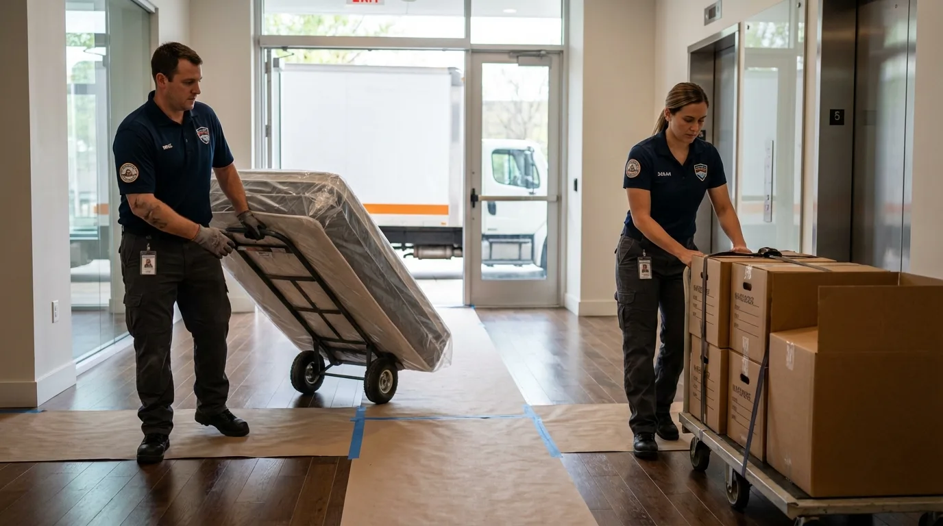 Professional apartment movers loading elevator in Mountain View, MO